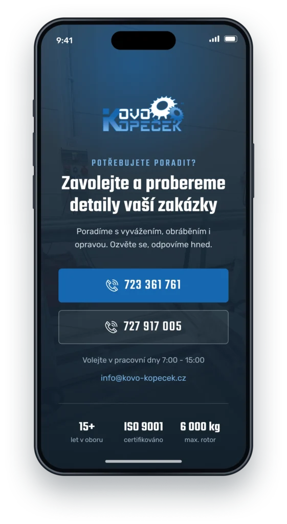 Mobilní verze webu KOVO-Kopeček s kontaktními telefony